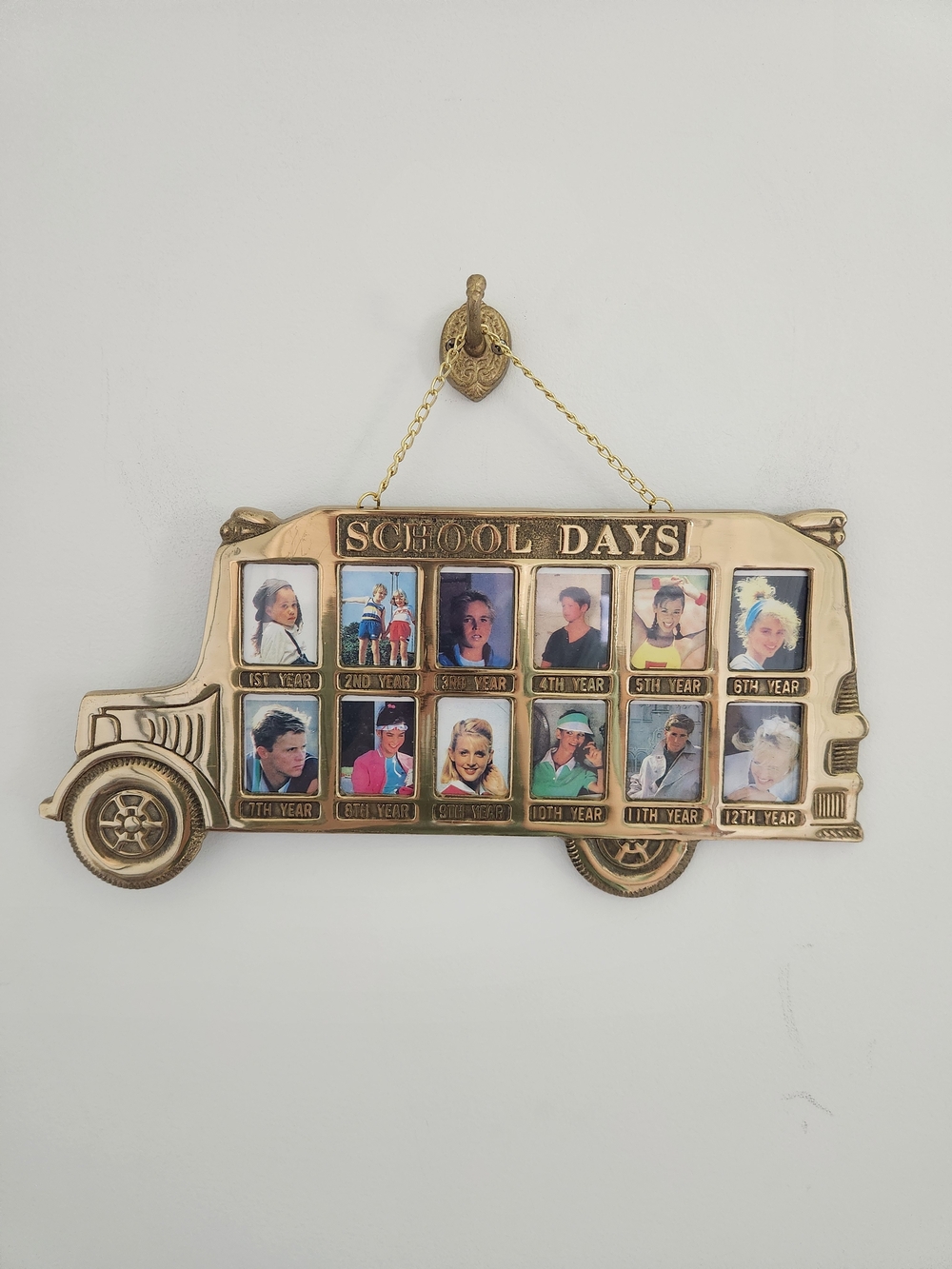 Vintage Brass Hanging School Bus Year Photo Frame